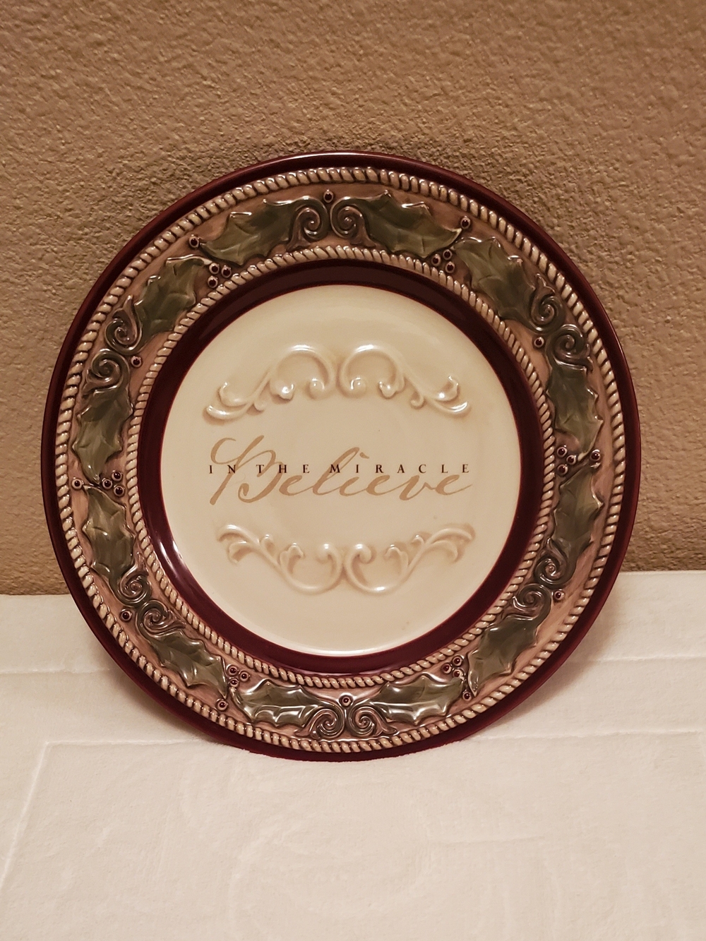 Holiday "Believe In The Miracle" Decorative Dinner Plate - Burgundy and Cream